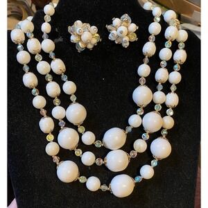 Vintage Vendome 3 Strand Bead Necklace & Earring Set